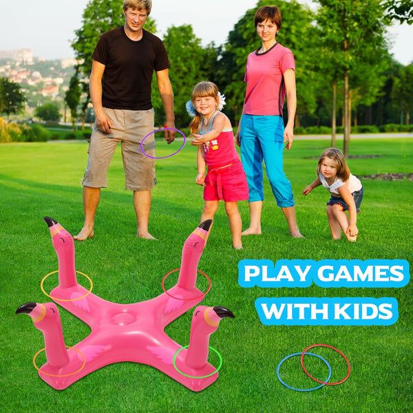Inflatable Pool Ring Toss Games Toys, Floating Shark Flamingo Swimming Pool Ring with 6Pcs Rings, Swimming Pool Games for Kids Adults Summer Pool