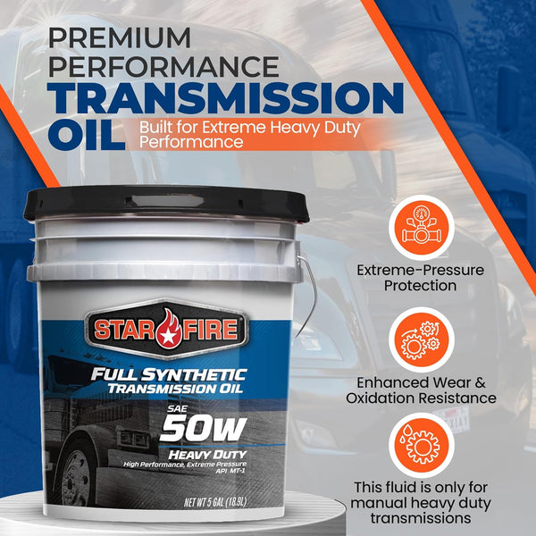 STARFIRE SAE 50W Full Synthetic Transmission Oil – 5 Gallon Pail – Heavy Duty Gear Oil for Manual Transmissions – Long Drain, High Temp, Oxidation