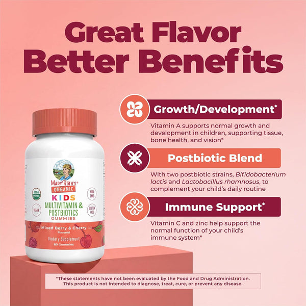 Maryruth Organics Kids Vitamins | USDA Organic | Multivitamin Gummies + Postbiotics for Ages 4+ | Lactobacillus Rhamnosus | Vegan | Non-Gmo | 60 Count