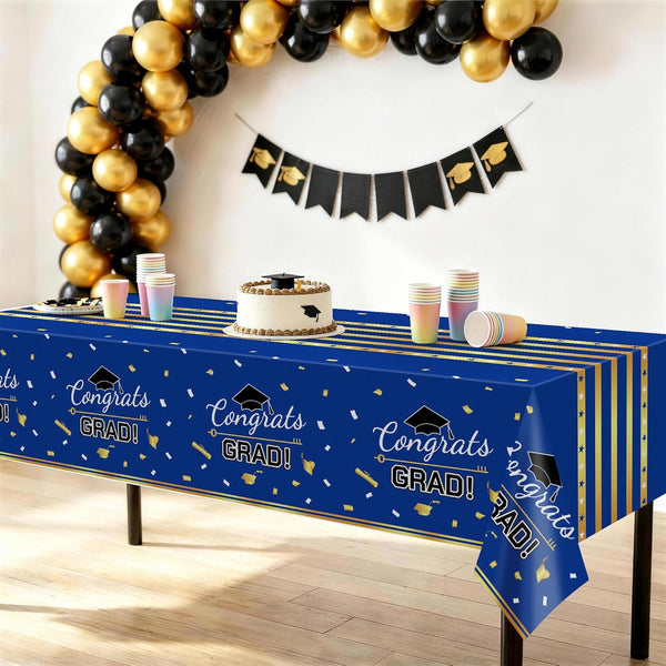 Childom 3 Pack Graduation Tablecloth,Graduation Decorations Class of 2026 Graduation Party Decorations,54"x108" Blue and Gold Plastic Table Cloth