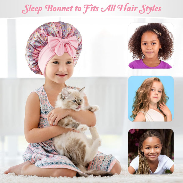 2 PCS Kids Bonnets for Girls, Silk Bonnet for Kids, Satin Bonnet for Sleeping, Baby Toddler Tie Bonnet Sleep Cap Set a