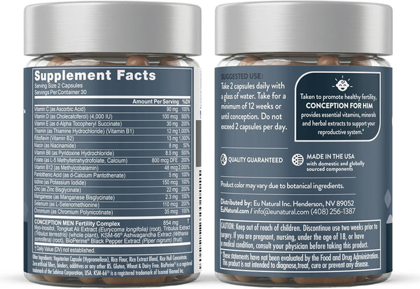 Eu Natural Conception for Him - Male Fertility Supplements with Ashwagandha, Folate & Zinc - Sperm Count, Motility & Strength Support - Fertility