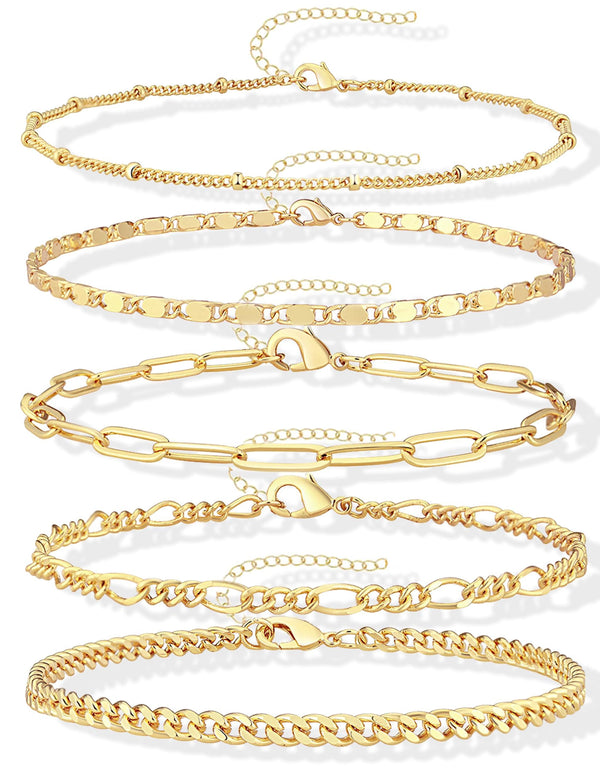 Gold Bracelets for Women Trendy,14K Real Gold Plated Dainty Stackable Paperclip Cuban Link Chain Bracelets,Cuff Bracelets Jewelry Set Adjustable 7"+2