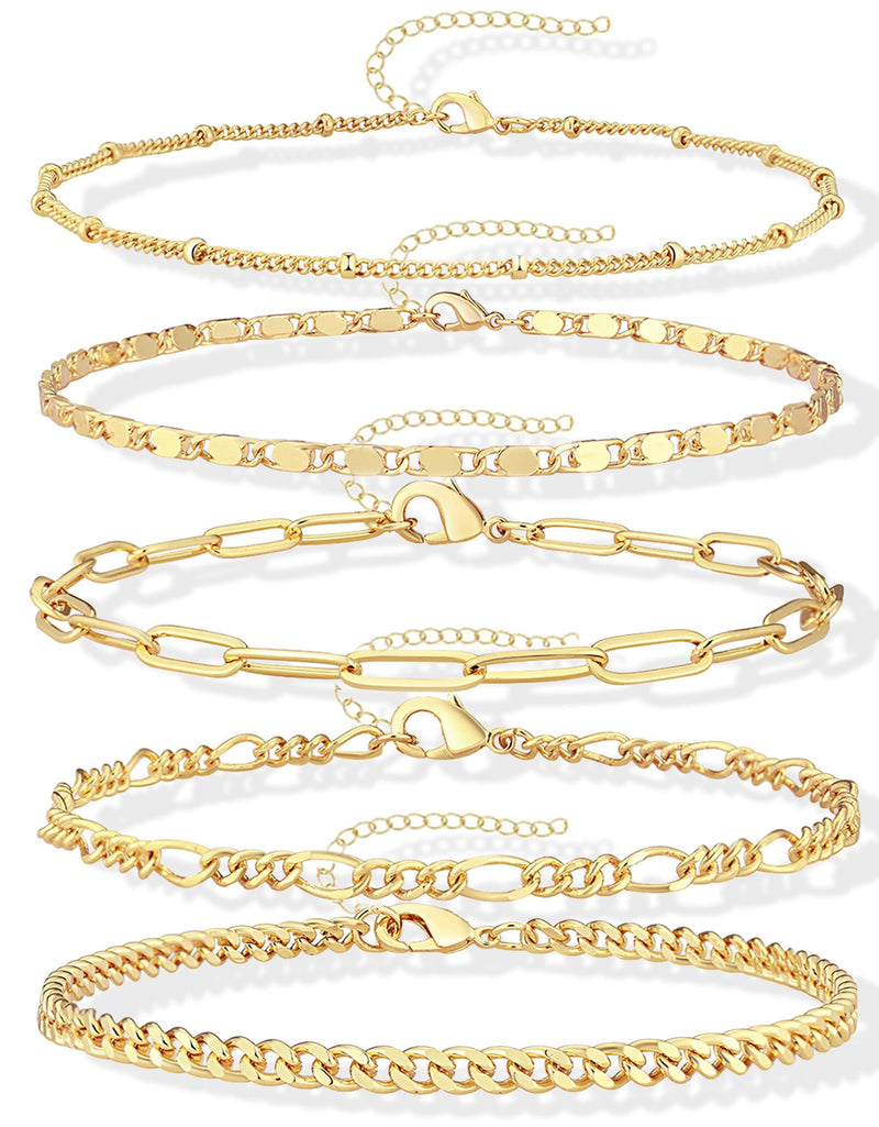 Gold Bracelets for Women Trendy,14K Real Gold Plated Dainty Stackable Paperclip Cuban Link Chain Bracelets,Cuff Bracelets Jewelry Set Adjustable 7"+2