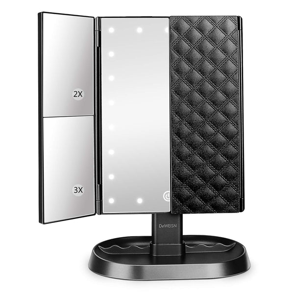 deweisn Trifold Lighted Vanity Makeup Mirror with 21 LEDs Lights,1x/2x/3x Magnification and Touch Screen Dimming,Two Power Supplies Makeup Mirror,
