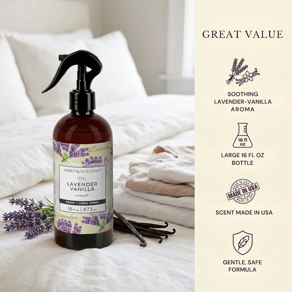 Abbey & Sullivan Odor Eliminating and Refreshing Linen and Room Spray, Lavender Vanilla, 16 oz.