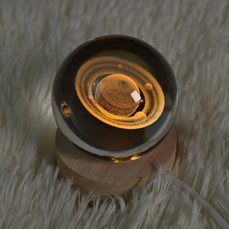 2.36 Inch 3D Galaxy Crystal Ball Night Light Lamp with Wooden Base, Warm Glow LED Mood Night Light, Gift for Boys, Girls, and Teens (Saturn)