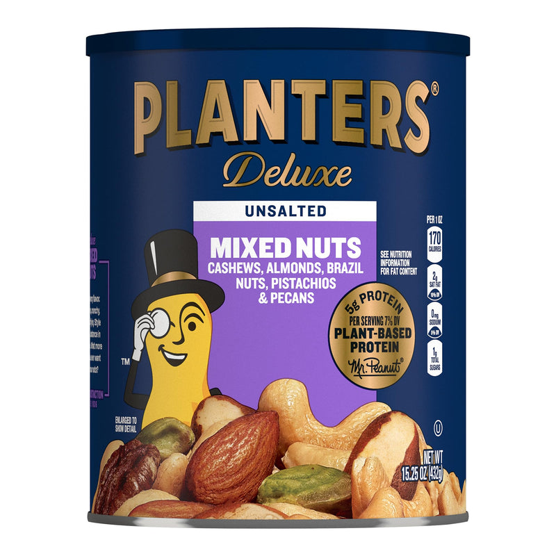 PLANTERS Deluxe Unsalted Mixed Nuts, Plant Based Protein, 15.25 Oz (1 Ct) Unsalted 15.25 Ounce (Pack of 1)