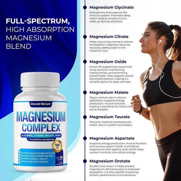 Magnesium Complex 7 Elemental Magnesium Supplement 1000mg – Magnesium Glycinate, Citrate, Malate, Taurate, Oxide, Aspartate, Orotate Non-GMO 90