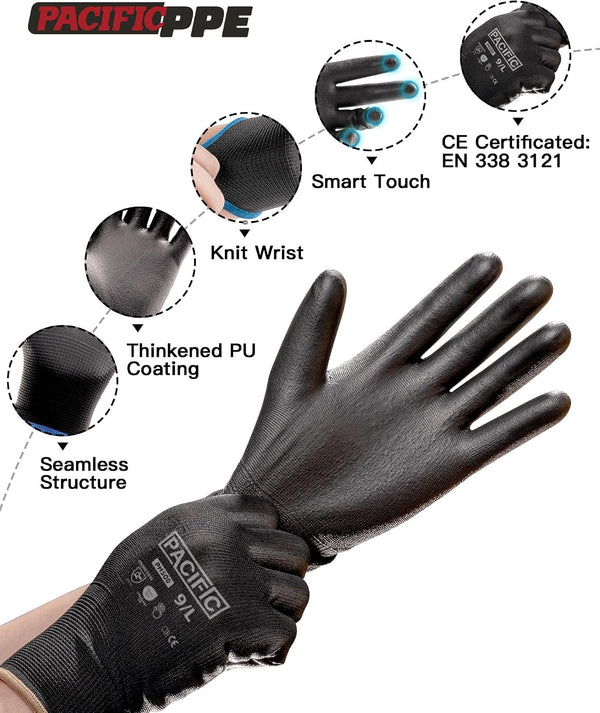 PACIFIC PPE Safety Work Gloves Medium(Fits like S) Black (18 Pairs)