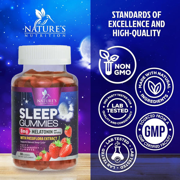 Sleep Gummy 8Mg Melatonin - Extra Strength Sleep Support with 20Mg Passiflora, Natural Sleeping Gummies for Adults, Vegan & Non-Gmo, Melatonin