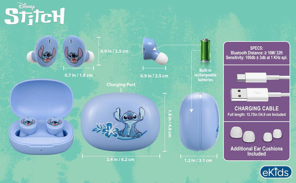 Disney Stitch Wireless Earbuds for Kids, Bluetooth Earbuds with Charging Case