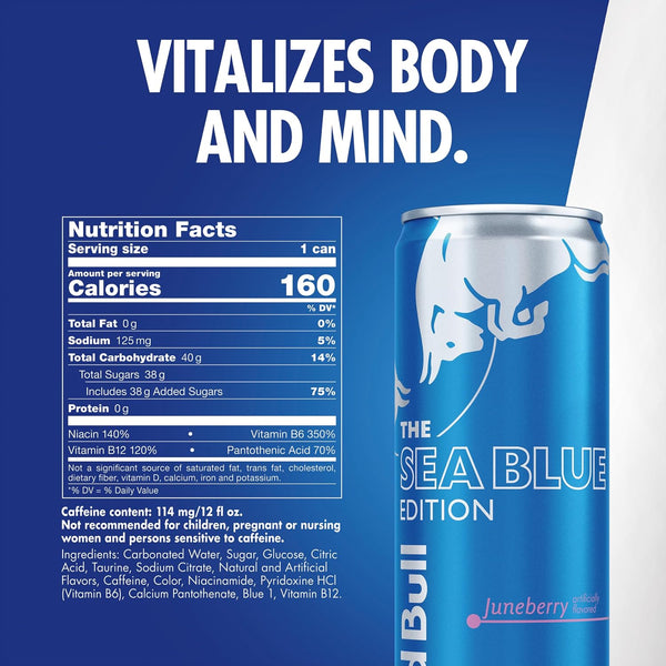 Red Bull Sea Blue Edition Energy Drink, Juneberry, with 114mg Caffeine plus Taurine & B Vitamins, 12 Fl Oz, Pack of 4 Cans Juneberry 12 Fl Oz, 4pk