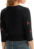 Belle Poque Women's 3/4 Sleeve V-Neck Button Down Cherries Embroidery Cropped Cardigan Sweater Coat Black X-Large