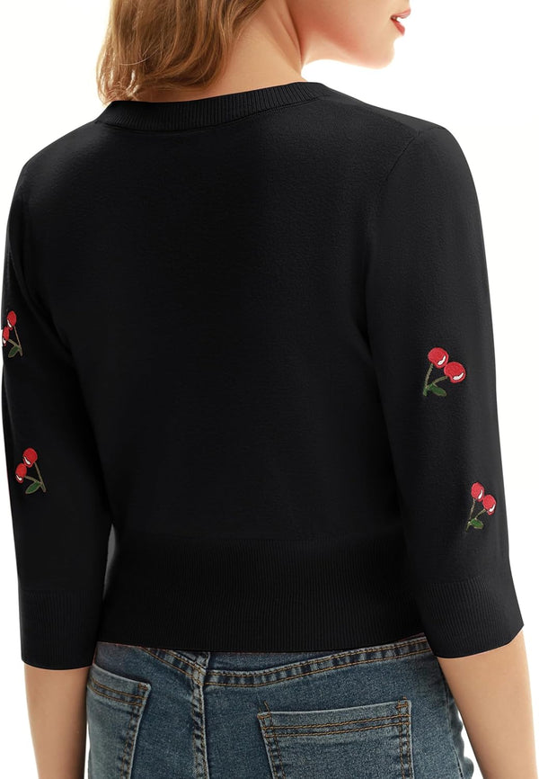 Belle Poque Women's 3/4 Sleeve V-Neck Button Down Cherries Embroidery Cropped Cardigan Sweater Coat Black X-Large