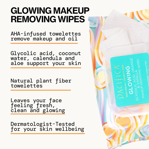 Pacifica Beauty | Glowing Makeup Remover Wipes | Gycolic Acid, Coconut Water, Aloe Infused | Daily Cleansing + Exfoliating | Clean Skin Care |