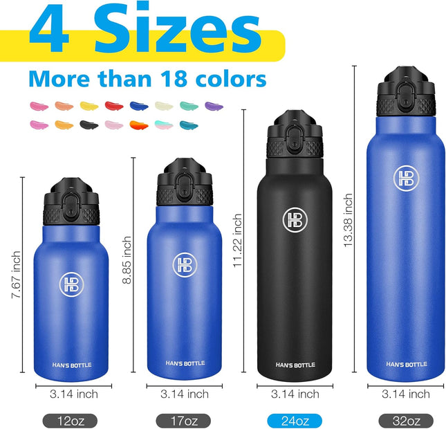 Han'S Bottle Sports Water Bottle - 24 Oz, Straw Lid, Leak Proof, Vacuum Insulated Stainless Steel, Double Walled, Thermo