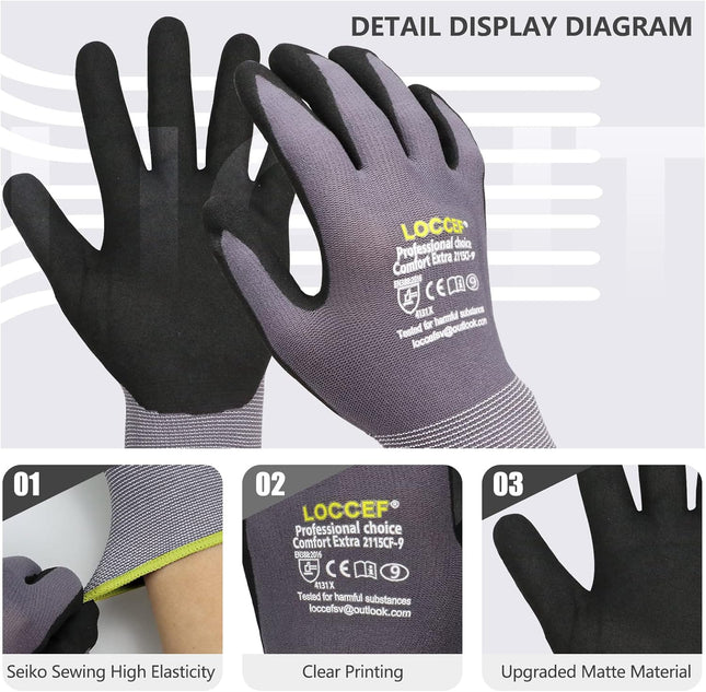 Work Gloves Microfoam Nitrile Coated-6 Pairs,Seamless Knit Nylon Gloves,Gray Wor