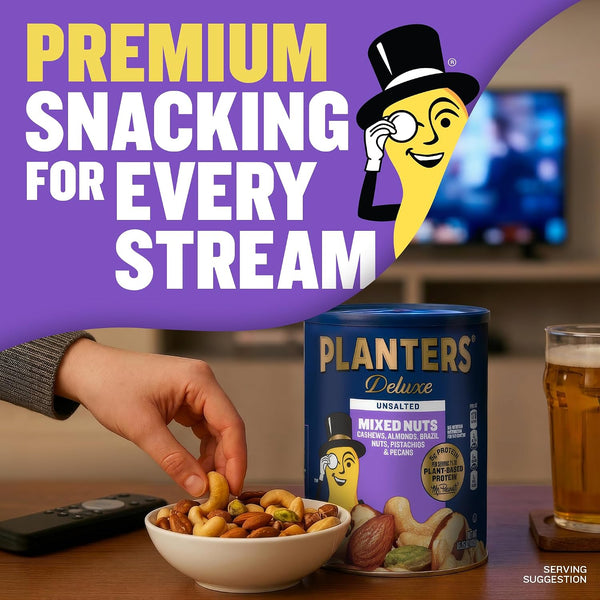PLANTERS Deluxe Unsalted Mixed Nuts, Plant Based Protein, 15.25 Oz (1 Ct) Unsalted 15.25 Ounce (Pack of 1)