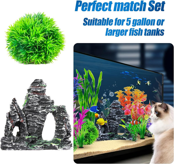 Cousduobe 13Pcs Aquarium Plants Cave Rock Decor Set& Fish Tank Artificial Plasticplants,Fish Tank Accessories Small Large Aquarium Decorations Kit