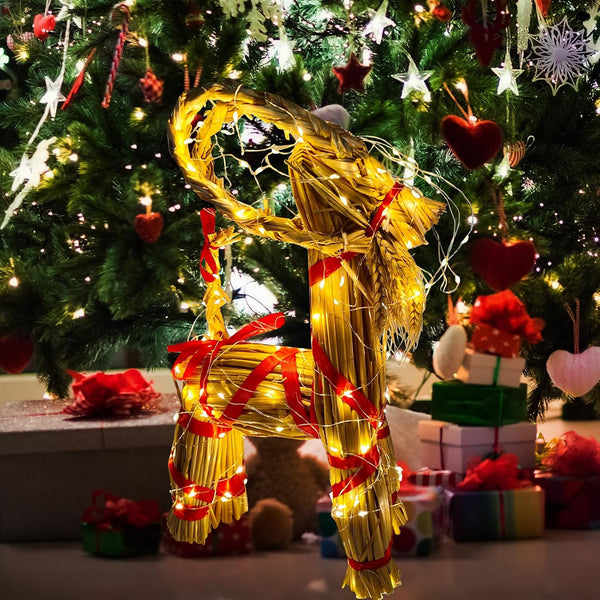 11.8" Lighted Christmas Straw Goat Home Decor Swedish Scandinavian Yule Style Decorative Handmade Ornaments with LED Light for Indoor Christmas