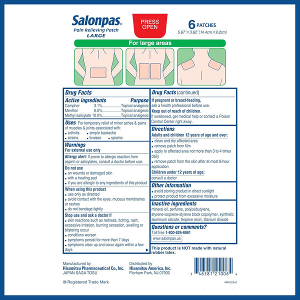 Salonpas Pain Relieving Patch, LARGE, 6 Count, for Back, Neck, Shoulder, Knee Pain and Muscle Soreness, 8 Hour Pain Relief