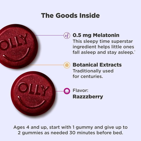 OLLY Kids Sleep Gummy, Occasional Sleep Support, 0.5Mg Melatonin, L Theanine, Chamomile, and Lemon Balm Extracts, Childrens Chewable Supplement,