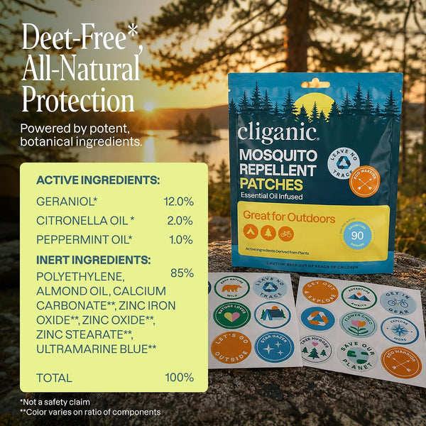 Cliganic Mosquito Repellent Stickers (90 Pack) - Camping Patches for Kids & Adults, Natural DEET-Free, Essential Oil Infused 90 Count (Pack of 1)