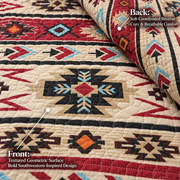Rugs 4 Less Rustic Striped Southwestern Quilt Stitched Western Bedspread Bedding Set with Beige Brown Burgundy Turquoise Tribal Native American