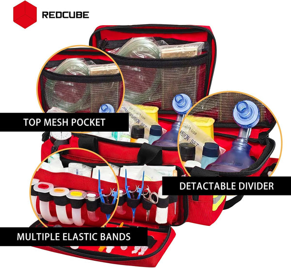 REDCUBE Emergency Bag - First Aid Bags Empty - First Responder Bag for Trauma, Professional Multiple Compartment Kit Carrier For Emergency Medical
