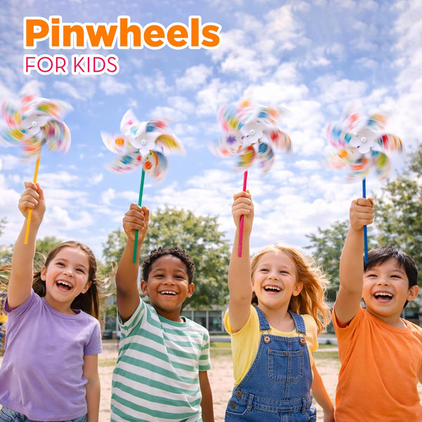 4E's Novelty 24 Pack DIY Pinwheels Craft for Kids, Bulk Summer Pinwheel Craft Kit, Color Your Own Paper Windmill Patriotic Pinwheels for Kids Bulk