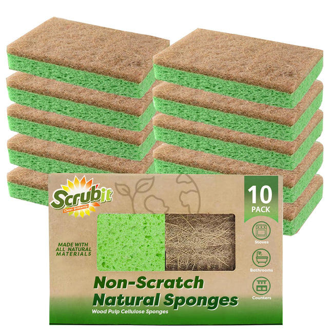 SCRUBIT Natural Sponges - 10 Pack Biodegradable Compostable Cellulose and Coconu