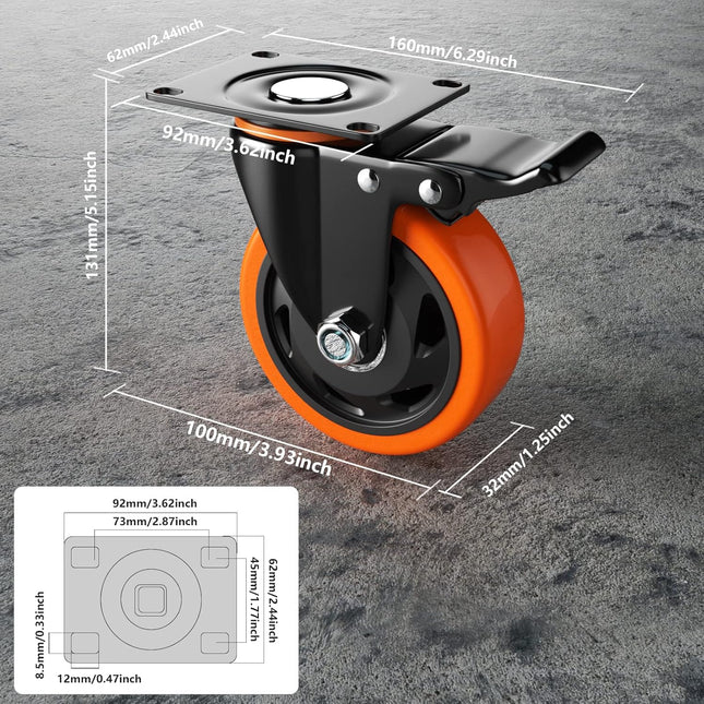 4 Inch Caster Wheels, Casters Set of 4, Heavy Duty Casters with Brake 2200 Lbs, Locking Industrial Swivel Top Plate Cast