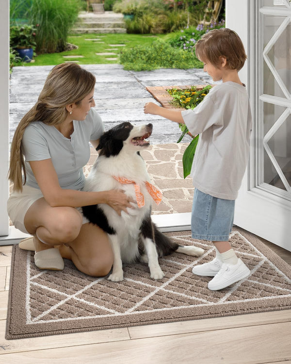 DEXI Front Door Mat Indoor Entryway 17x30 Inside Entrance Doormat Beige | Non Slip Low Profile Thin Absorbent Washable Entry Mats for House Floor,