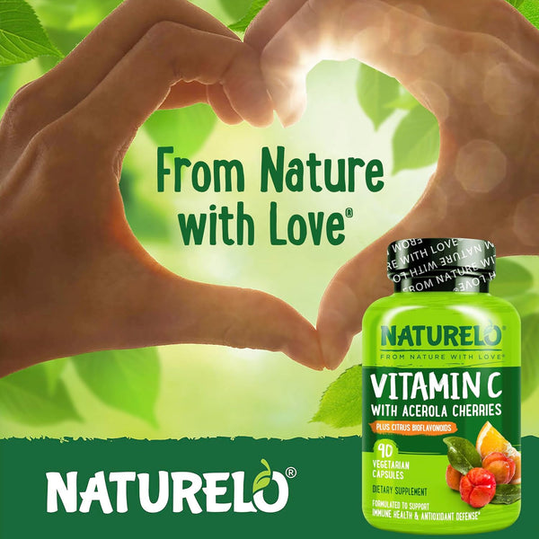 NATURELO Vitamin C with Organic Acerola Cherry Extract and Citrus Bioflavonoids - Vegan Supplement - Immune Support - 500 Mg VIT C per Cap -