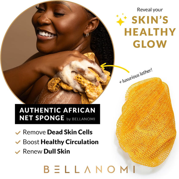 BELLANOMI African Exfoliating Net Sponge, Authentic, Ethically sourced from Nigeria, 45 inches Long, Back Scrubber for Daily use (Yellow)