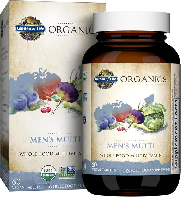 Garden of Life Organics Whole Food Multivitamin for Men, 60 Tablets, Vegan Mens Vitamins and Minerals for Mens Health and Well-Being, Certified