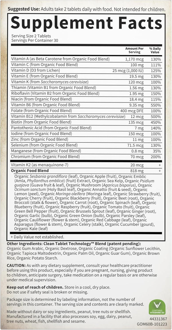 Garden of Life Organics Whole Food Multivitamin for Men, 60 Tablets, Vegan Mens Vitamins and Minerals for Mens Health and Well-Being, Certified