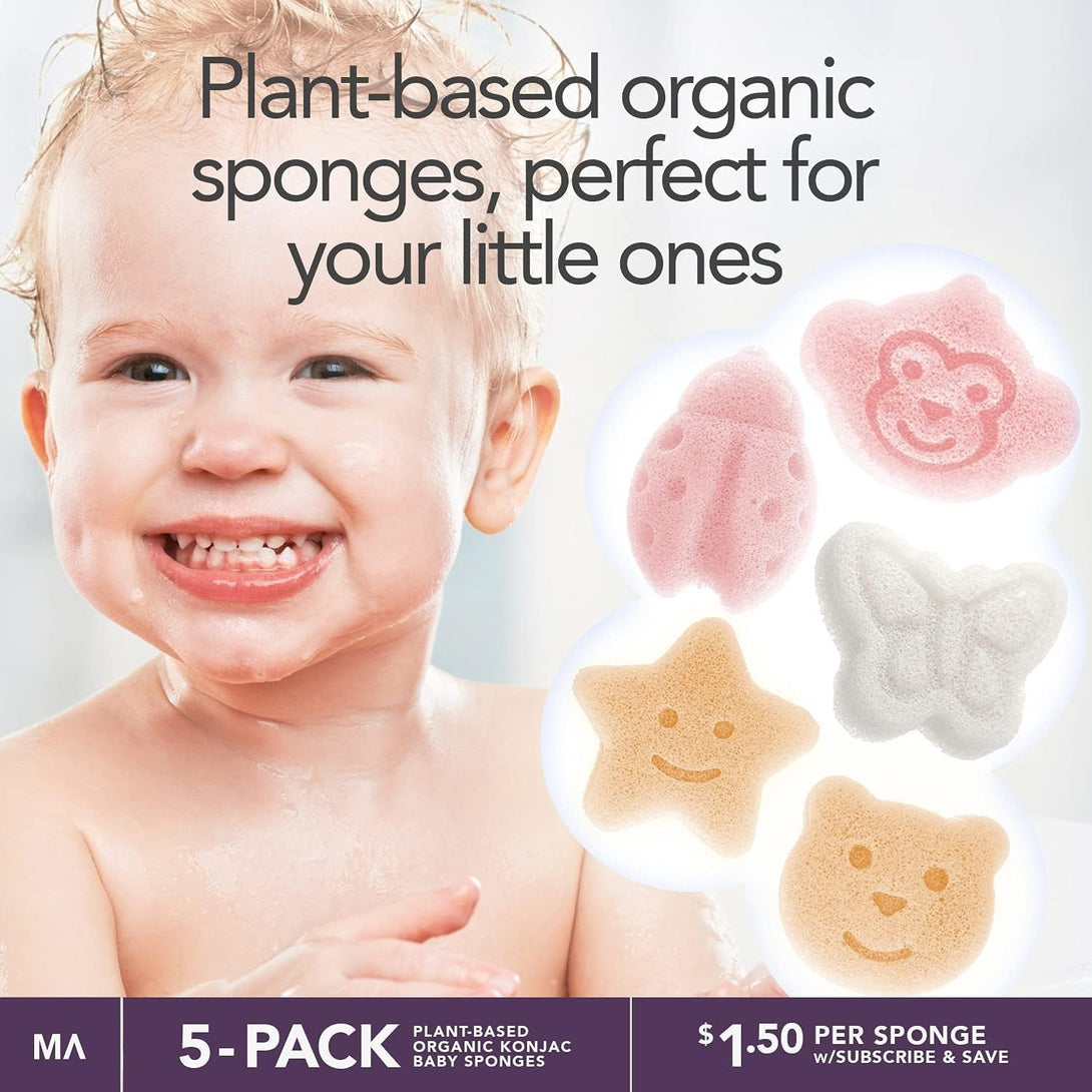 Konjac Baby Sponge for Bathing | Natural Cute Shapes | Kids Bath Sponges for Infants | Toddler Bath Time | Safe Organic Plant-Based | 5Pcs Set : Bear, Monkey, Butterfly, Ladybug, Star