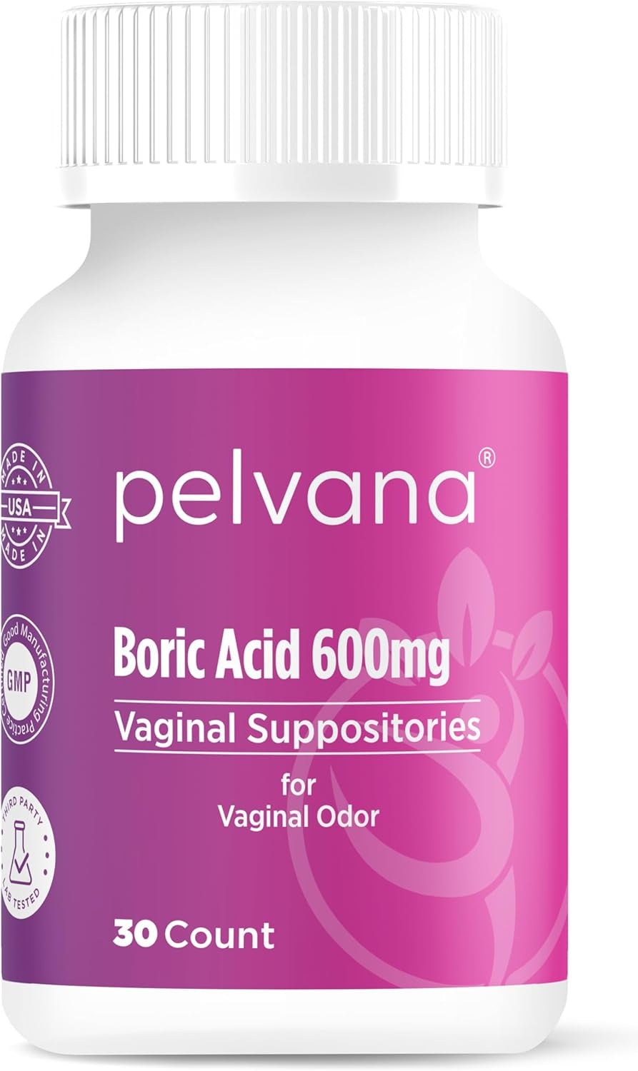 Pelvana Boric Acid Suppositories for Women 30 Count for Vaginal Odor - Third-Party Lab Tested & Made in the USA