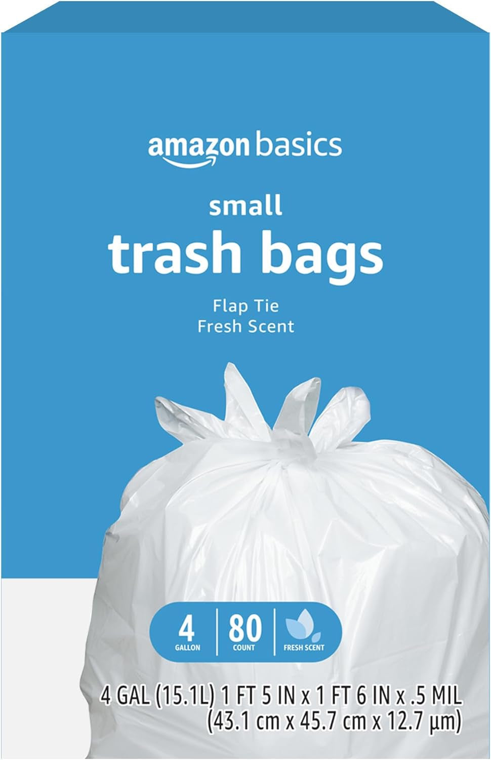 Amazon Basics 4 Gallon Trash Bags, Flap Ties, Fresh Scent, 80 Count, Pack of 1