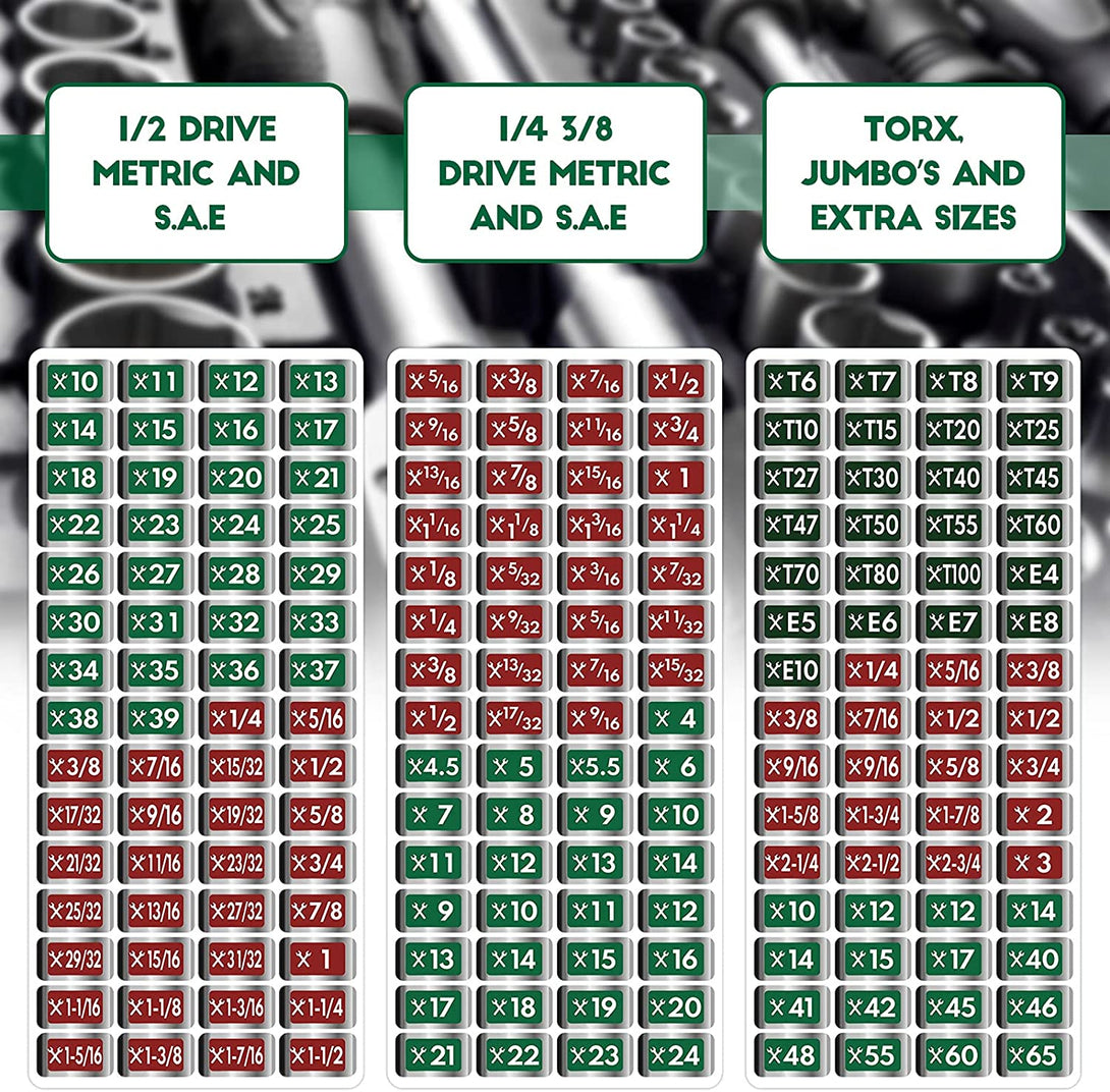 Gersoniel 180 Pcs Tool Box Labels Toolbox Stickers and Decals Label, Wrench Size Labels, Chrome Socket Labels, Socket Size Stickers, Chrome Foil Labeling Set for Socket Sets Tools, 3 Colors