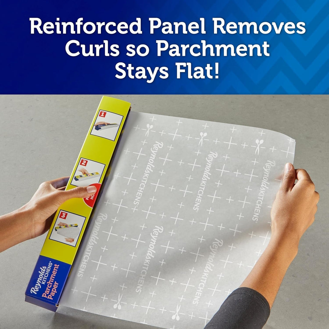 Reynolds Kitchens Stay Flat Dispensing Parchment Paper for Baking and Roasting, Parchment Paper Roll, Great for Baking and Rolling Dough, Non-Stick, Reusable up to 3X, 45 Sq. Ft.