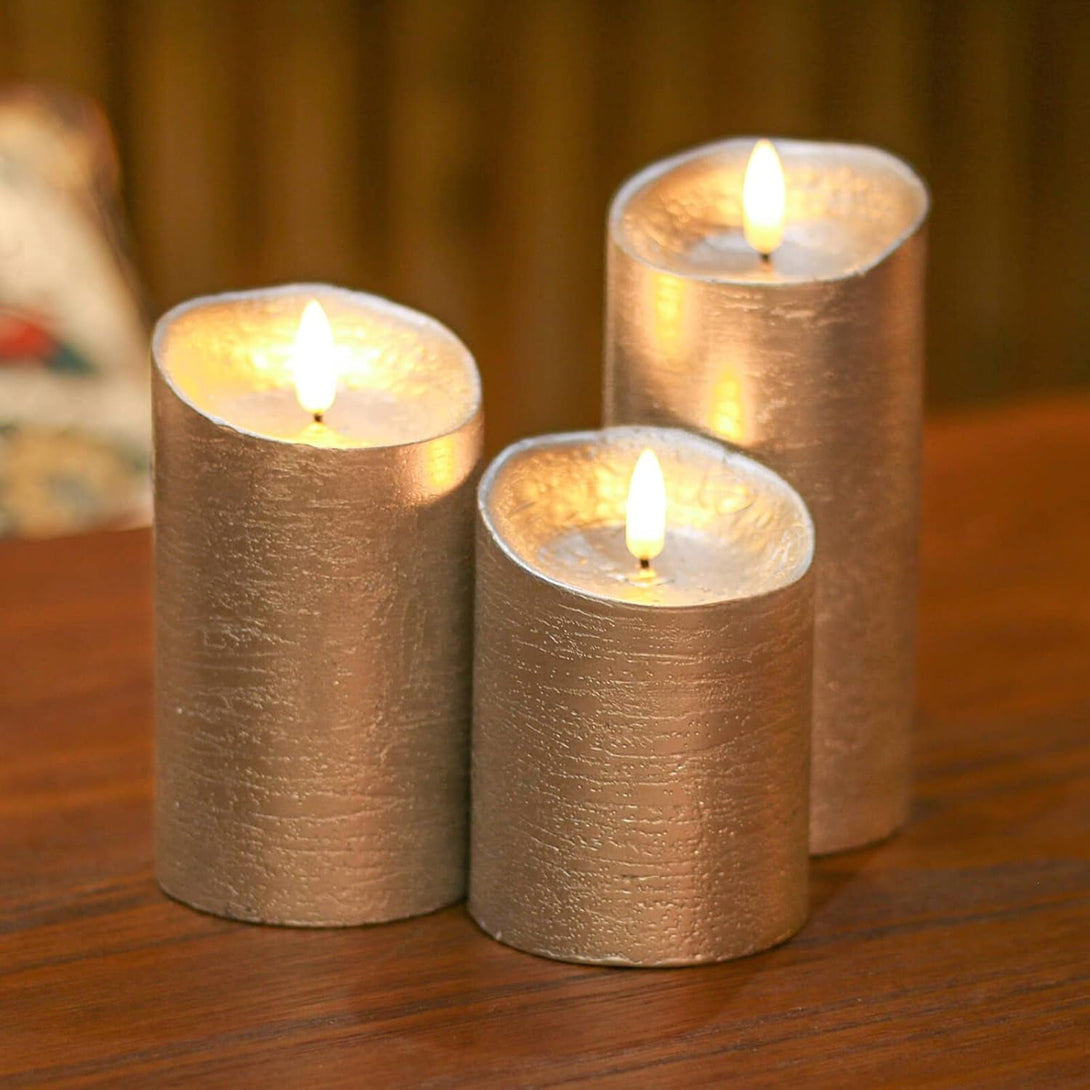ANGELLOONG Battery Operated Candles with Remote, Real Wax Flickering Flameless Candles with Timer, Set of 3 Electric LED Candles for Valentines Wedding Holiday Party Home Decor, Silver
