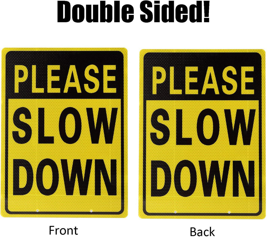 Kichwit Double Sided Aluminum Please Slow down Sign Reflective Metal Sign with Stakes, Sign Measures 11.8" X 15.8", 14" Long Metal Stakes Included