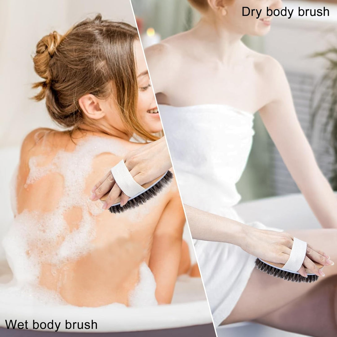 Dry Brushing Body Brush, Natural Horsehair Body Brush for Lymphatic Drainage, Cellulite and Blood Circulation, Dry Skin Exfoliating Brush Body Scrubber for Cleaning and Soft Skin, Brown