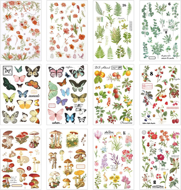 12 Sheets Rub on Transfers for Furniture Crafts Vintage Rub on Transfer Stickers Flower Plant Mushroom Butterfly Berry Stickers for Wood Fabric Furniture Decals for Home Office Scrapbooking Journals