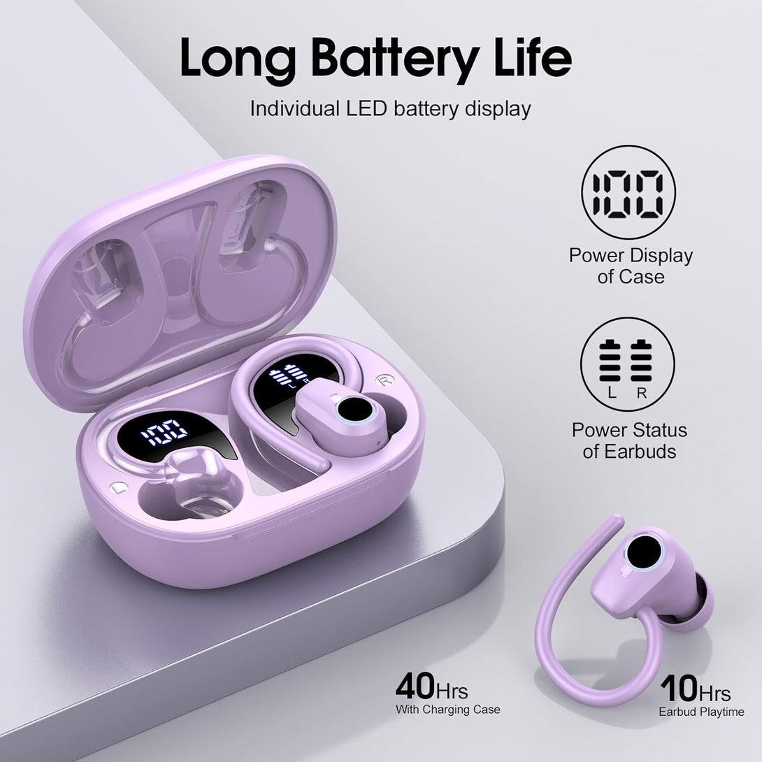 Wireless Earbuds, Bluetooth 5.3 Headphones Sport, in Ear Buds Wireless Earbuds Bluetooth 50H Playtime LED Display, Deep Bass Stereo Noise Cancelling Headphones, IP7 Waterproof Earphones, Bright Purple