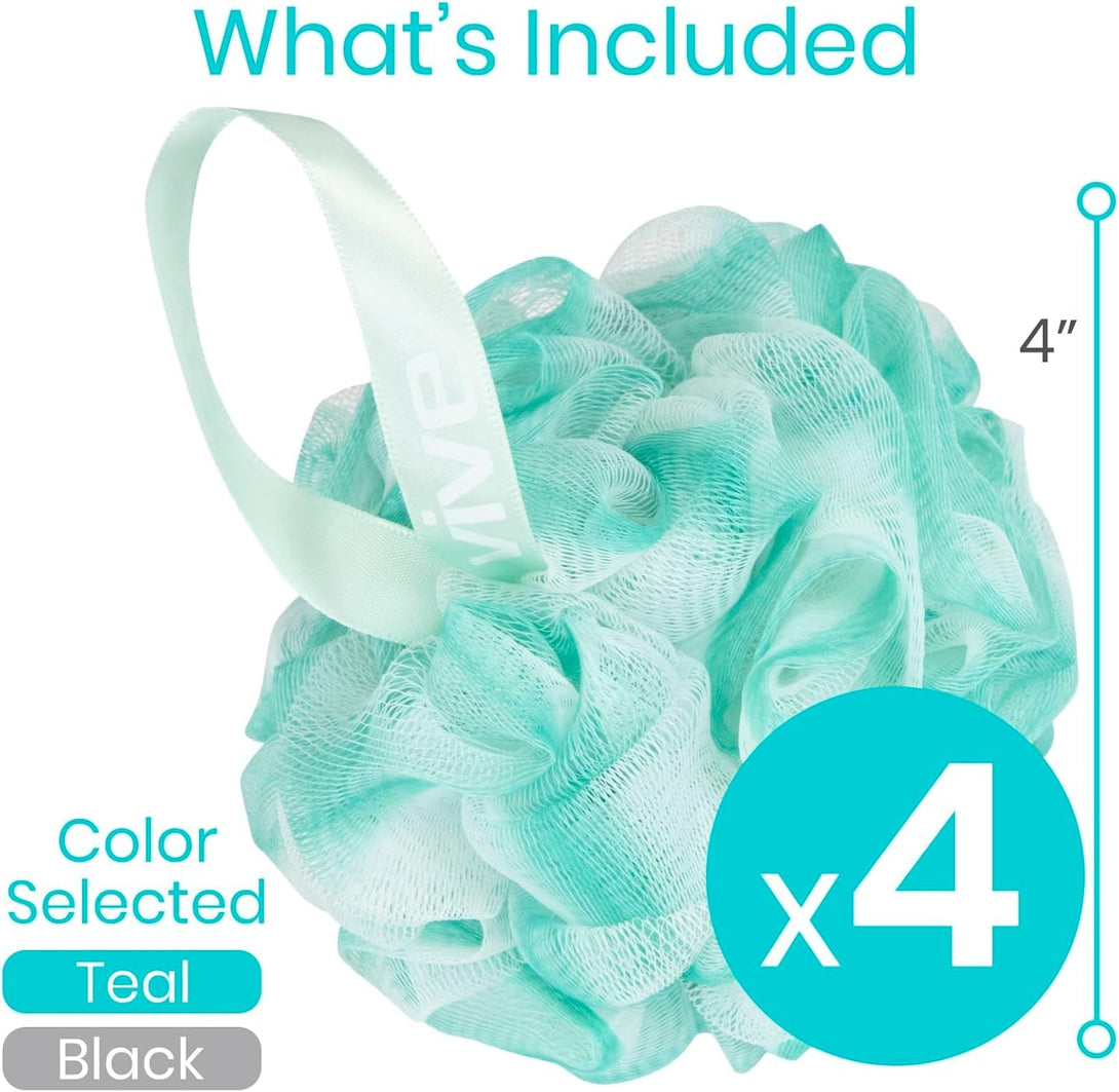 Vive Loofah Sponge Replacement (4 Pk) Shower & Bath Pouf Scrubber for Back & Body Exfoliation, Works with Vive Interchangeable Loofa Handle Long Brush (Replacement Sponge Black and Blue (4 Pack), 4)