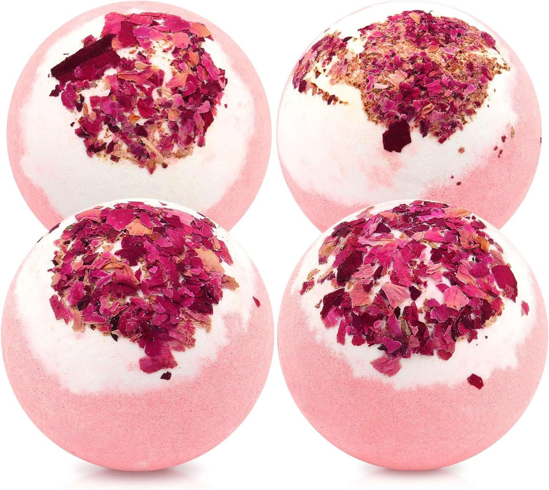 Dried Flower Bath Bombs Salt Balls,4 Pack Gift Set,Rose Extract Essential Oils,Moisturizing Dry Skin,Fizzy Spa,Relaxation,Self Care,Relaxing,Bubble Bath Bomb Gifts Idea for Men Women